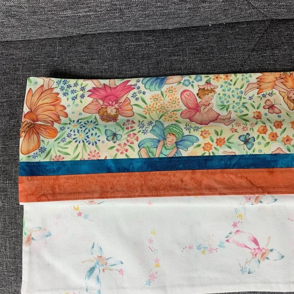 2 Homemade Whimsical Floral Fairy Print Pillowcases Orange Blue Trim Std/Queen